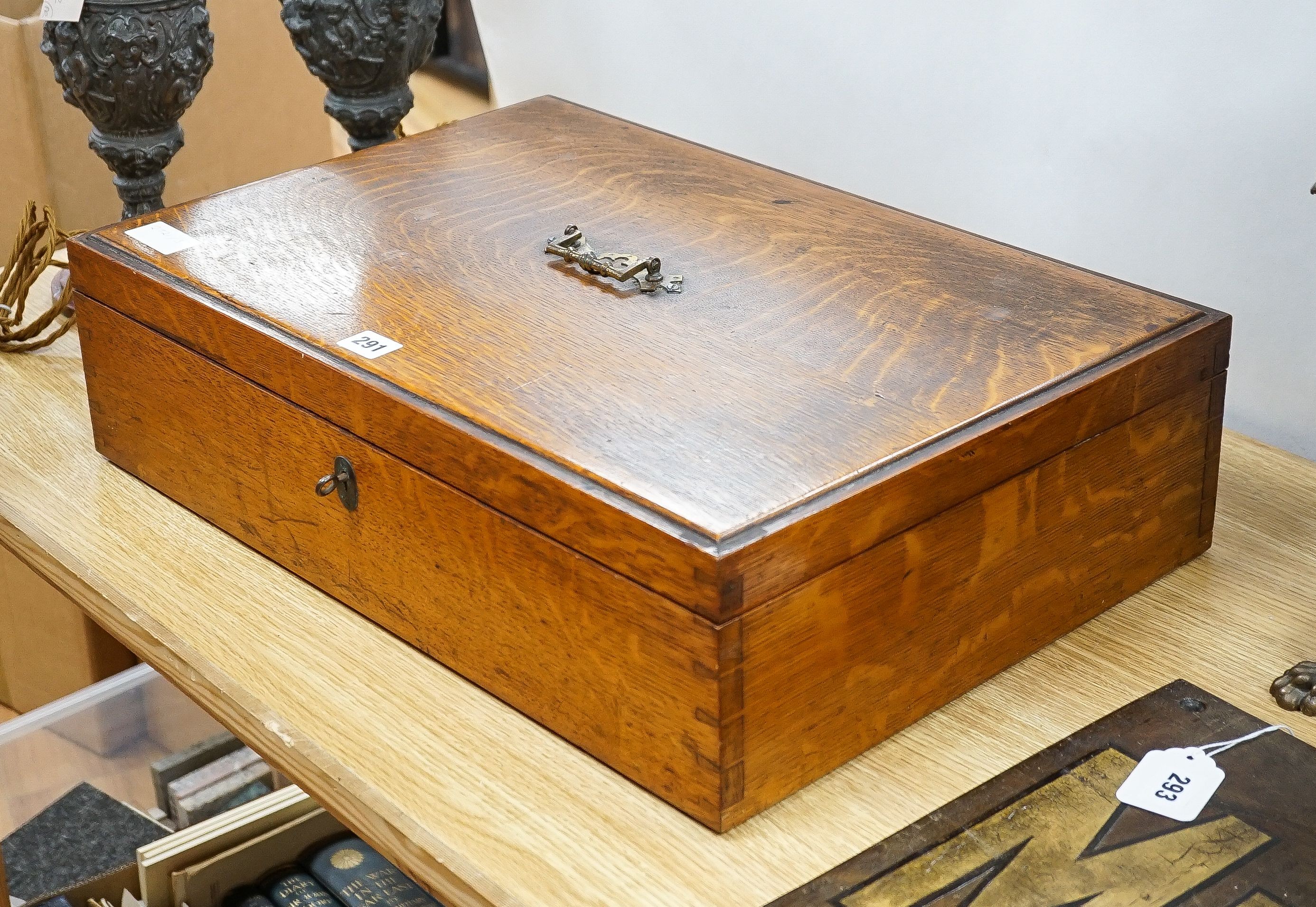 A large oak canteen box, early 20th century, locked and key doesn’t work, no contents. 57cm